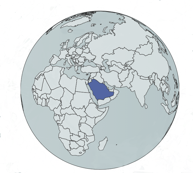 blue globe with Saudi Arabia highlighted