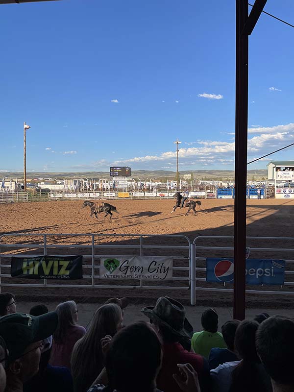 Fans look on as rodeo performers ride horses