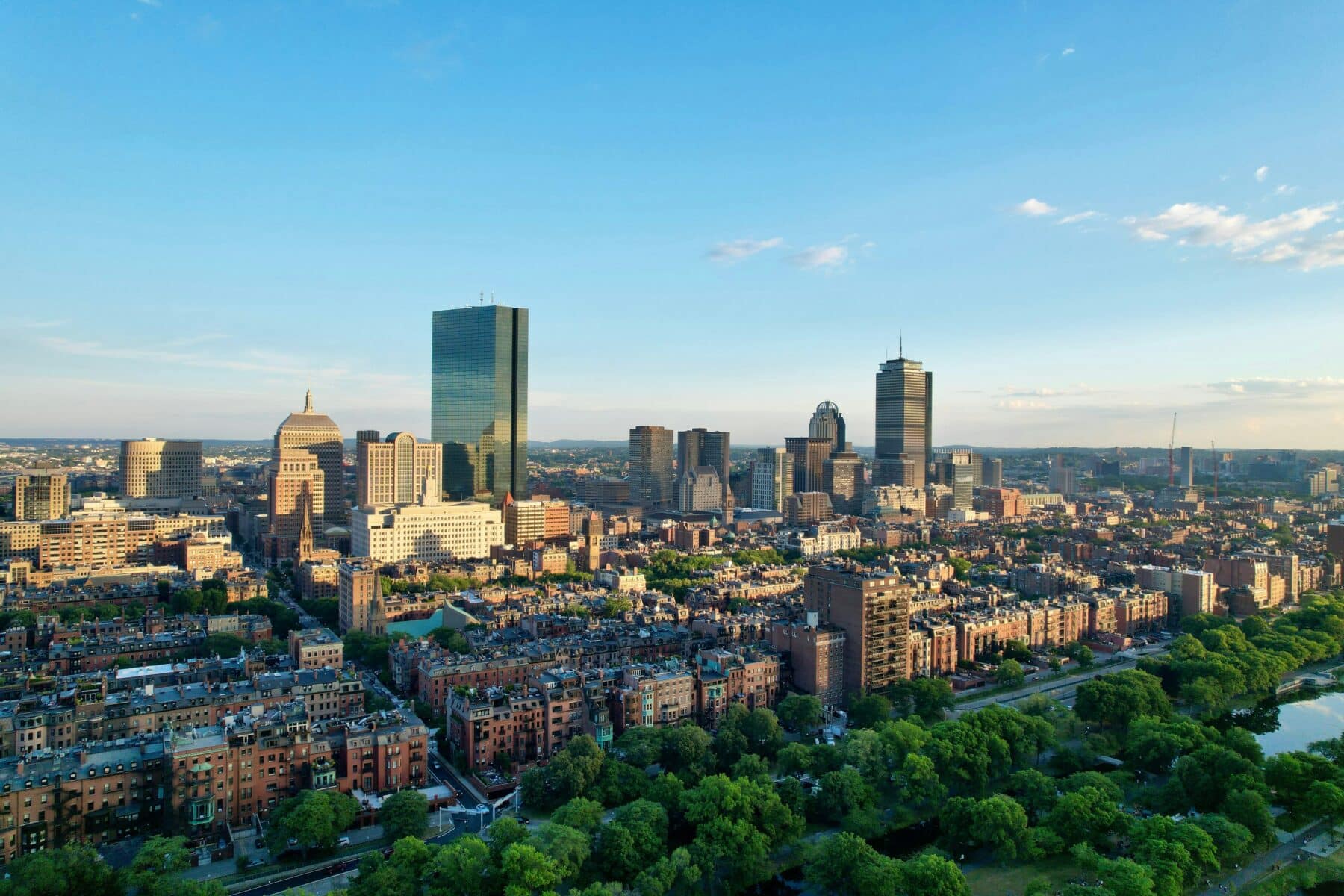 Aerial view of Boston at sunset.