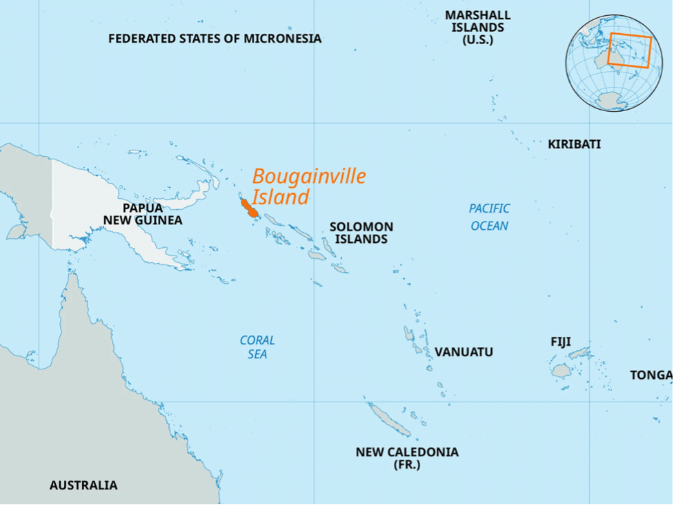 A map highlighting Bougainville Island in the Pacific Ocean.