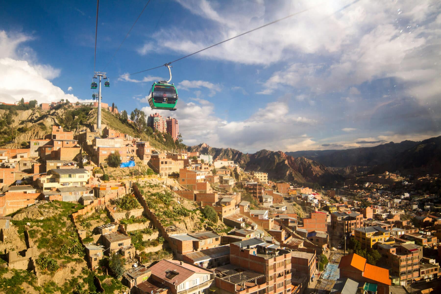 A cable car of the Mi Teleférico urban transit system in La Paz, Bolivia.