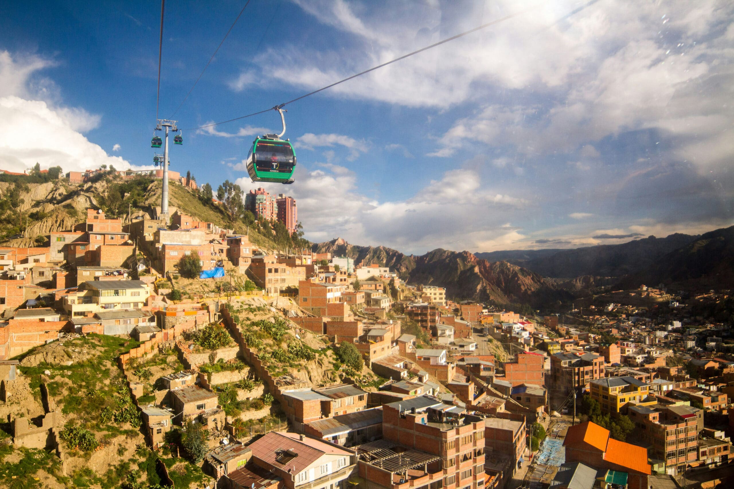A cable car of the Mi Teleférico urban transit system in La Paz, Bolivia. 