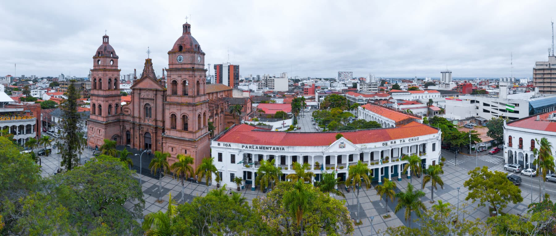 Panoramic view of government buildings in Santa Cruz de la Sierra, Bolivia. 