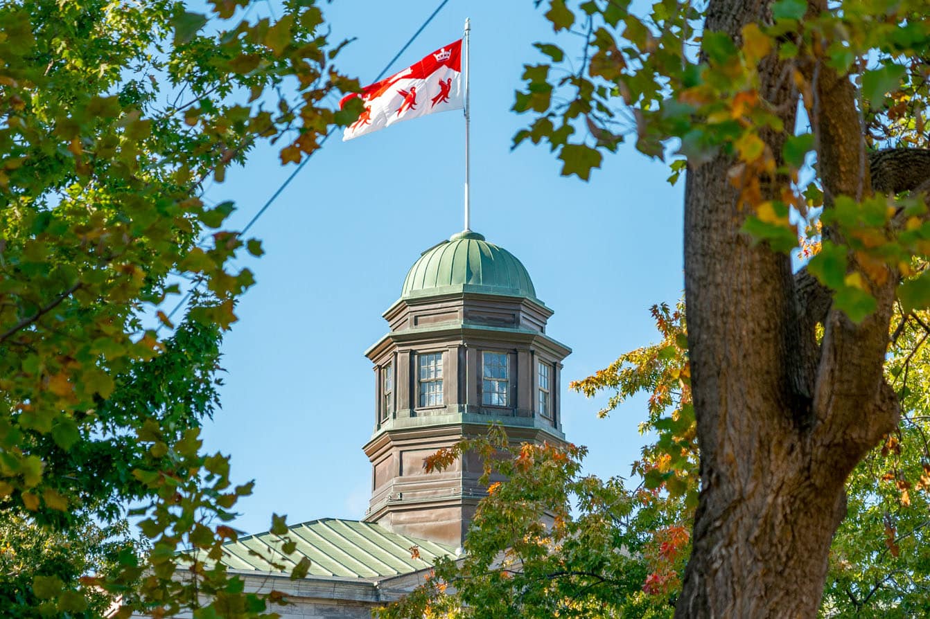 A red and white flag flies atop a bell tower at McGill University.